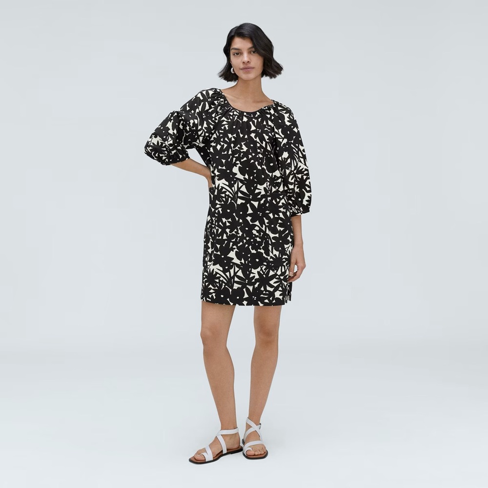 Everlane seersucker floral organic cotton puff sleeve pocket shift dress size XS